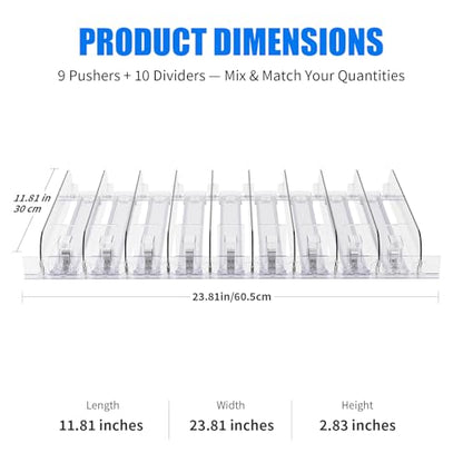 9-Pack Spring Loaded Shelf Pusher System, Adjustable Width for Supermarket, Store, Pharmacy, Auto Push Snack, Cigarette and Medicine Display Organizer, 23.82 in x 11.81 in