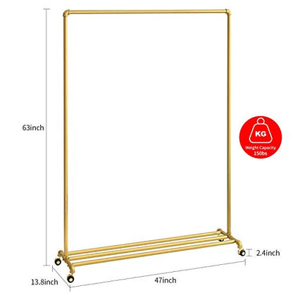 Rolling Gold Clothing Racks on Wheels, Retail Display Industrial Pipe Clothing Racks for Hanging Garment Racks for Boutiques, Home - size: 47"W X 63"H X 13.8"D