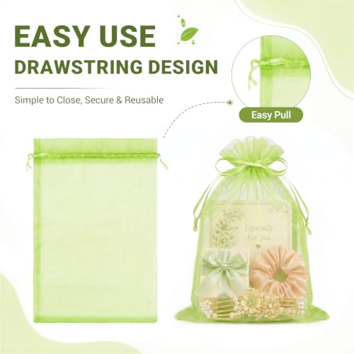 FUNFERY 100PCS Apple Green Sheer Organza Bags 5x7 in, Goodie Bags Bulk - color: Apple Green