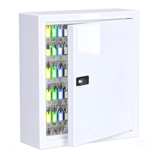 Lock Key Cabinet with Storage: 131-Keys Steel Wall Mount Key Cabinet Organizer - Large Storage and Secure Combination Lock Box for Office Home Business White