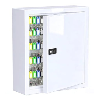Lock Key Cabinet with Storage: 131-Keys Steel Wall Mount Key Cabinet Organizer - Large Storage and Secure Combination Lock Box for Office Home Business White