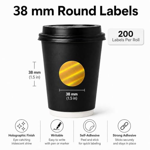 Round Holographic Gold Thermal Labels 1.5 in Vinyl Stickers 200 PCS - color: Holographic Gold, size: 1.5 × 1.5 Inch
