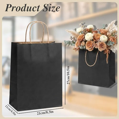 DEWJDFSC 25Pcs Black Paper Gift Bags with Handles Bulk Medium 8.3x4.3x10.5 Inch Black Kraft Paper Bags for Gifts, Festival, Shopping, Retail, Party - color: Black