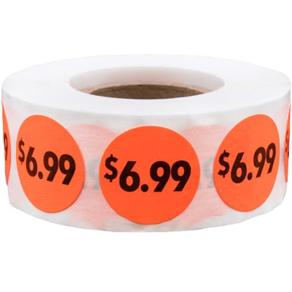 Fluorescent Red 6.99 Circle Dot Stickers, 3/4 Inch Round Price Labels, 500 Total Adhesive Stickers on a Roll for Retail Pricing, Inventory, Sales, and Promotions – Made in The USA - color: $6.99