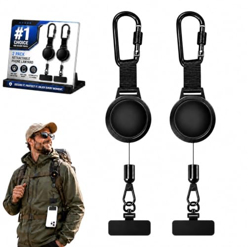 2 Pack Phone Lanyard Theft Strap Tether Generic Pickpocket Accessories Retractable Proof Tab Clip Chain Holder Cable Lock Cellphone Wrist Hiking Fishing Carabiner Travel Backpack Trail Ski Belt Black