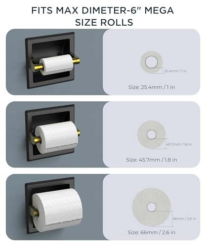 FORIOUS Recessed Toilet Paper Holder for Mega Rolls, Black and Gold - color: Black&gold