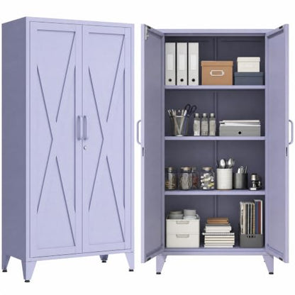 61" Tall Purple Farmhouse Metal Kitchen Pantry Cabinet, Lockable Freestanding Storage Cabinet with 2 X-Shape Metal Doors & 3 Adjustable Shelves, Cupboard with Legs for Home, Bedroom, Garage, Office - color: Lilac, style: Pantry-61"H-DH