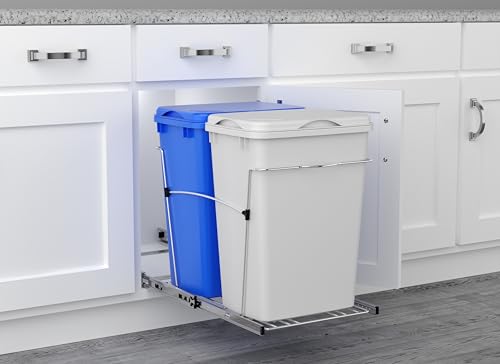 Rev-A-Shelf Double Pullout Garbage Trash Cans for Kitchen Cabinets, 35 Qt - color: White & Blue