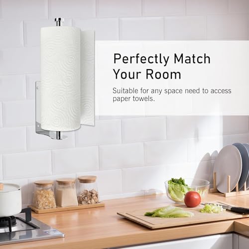 SetSail Paper Towel Holder, Single Hand Operable Paper Towel Holder Under Cabinet with Adjustable Damper Easy Tear Wall Mount Self-Adhesive or Drilled for Kitchen Bathroom, Mirror Silver - color: Bright Silver