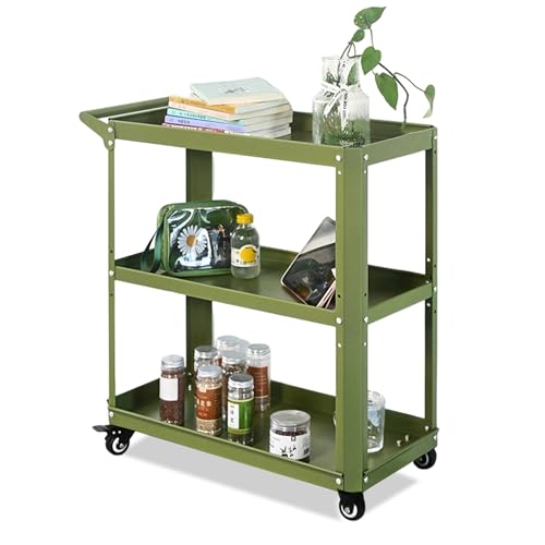 3 Tier Metal Utility Rolling Cart with Wheels, Green - color: Green
