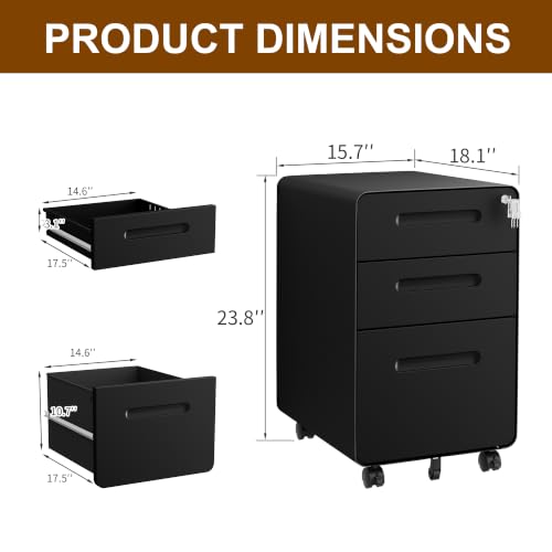 3 Drawer Mobile File Cabinet with Lock, 4 Keys and 25 Letter File Folders - color: Black, size: 23.8"H*15.7"W-3 Drawers(25 letter folders)