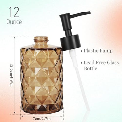 Dark Brown Glass Soap Dispenser with Pump, 12oz Diamond Design Hand Soap Dispenser, Refillable Lotion Dispenser & Dish Dispenser, Bathroom Dispenser for Dishwashing Liquid, Shower Gel - color: Diamond Amber