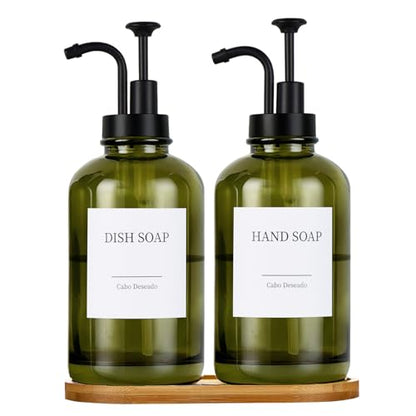 Glass Soap Dispenser with Pump, Dish and Hand Soap Dispenser for Kitchen Bathroom Set, Clear Glass Dispenser Set of 2 Pack with 18 Stickers Funnel Bamboo Tray 500ml 18oz Green - color: Glass Green