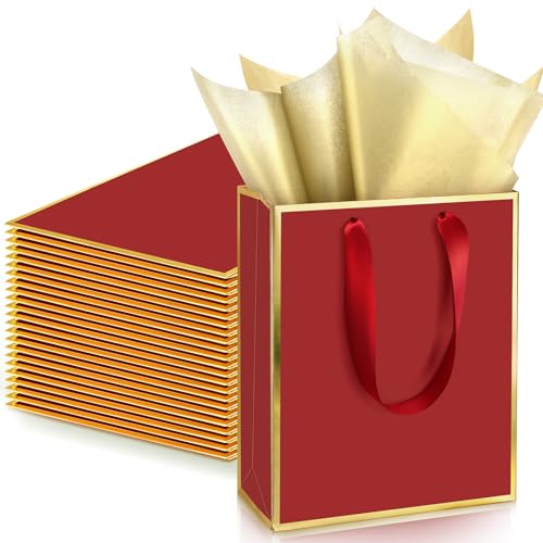 Yeaqee 24 Pack Metallic Paper Gift Bags, Burgundy Red, Gold - color: Burgundy Red and Gold