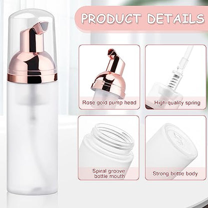 5PCS 50ml/1.7oz Clear Plastic Frosted Foam Bottles with Rose Gold Pump Head Empty Mini Soap Dispenser Refillable Mousse Bottles for Shampoo Shower Gel Hand Soap Foaming