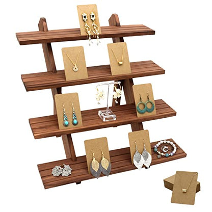 51pcs 4-Tier Wood Earring Display Stand, Retail Display Riser Earring, Ring Holder Stand, Removable Countertop Small Merchandise Display Stand with 50 Pcs Earring Card (Light brown) - color: 4 Tier