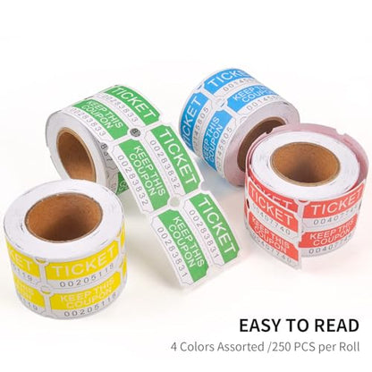 L Liked 1000 Pairs 50/50 Raffle Tickets, Double Rolls - color: 1000 Assortede (Red,yellow,blue,green)