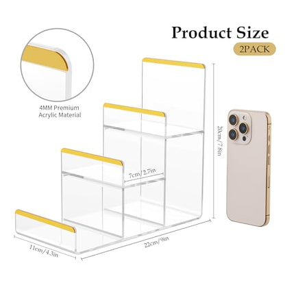 6Pcs Clear Acrylic Display Stand Bundle with Gold Trim, 4 Adjustable Purse Holders (14"-24") & 2 Widen 3-Tier Wallet Risers, Handbag and Clutch Countertop Organizer Rack Set for Retail Boutique