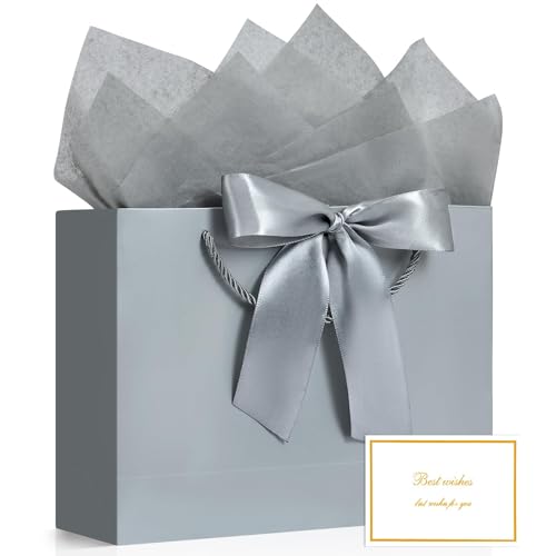 YoungTree Gift Bags with Handles, 12.6" Medium Gift Bag with 2 Tissue Paper and 1 Card for Graduation Wedding Baby Shower Bridal Shower Engagement Anniversary Birthday Party (Silver) - color: Silver - 1PCS, size: 1 Count (Pack of 1)