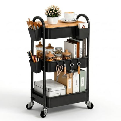 3 Tier Metal Heavy Duty Rolling Cart with Wheels & Wood Table Top, Black - color: Black
