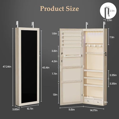 DUMOS 6 LEDs Mirror Jewelry Organizer Cabinet, Jewelry Armoire, 47.2 Inch - color: Khaki