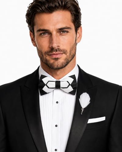 RBOCOTT Handmade Feather Pre-tied Bow tie and Brooch Sets for Men - color: Black/White1
