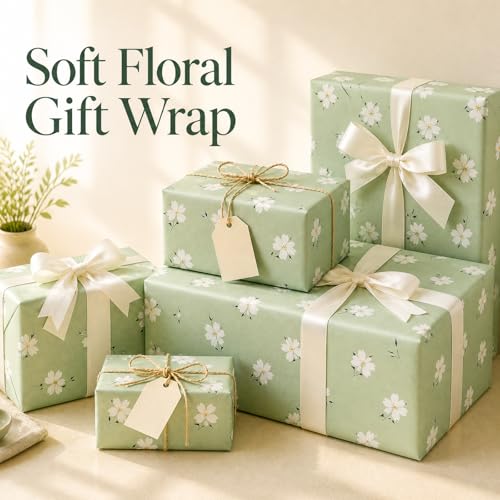 Ulmasinn Reversible Wrapping Paper Roll - 17” x 16.4 Ft, Double Sided Floral & Light Green for Gift Wrapping, Wedding, Baby Shower, Birthday - color: Light Green Floral