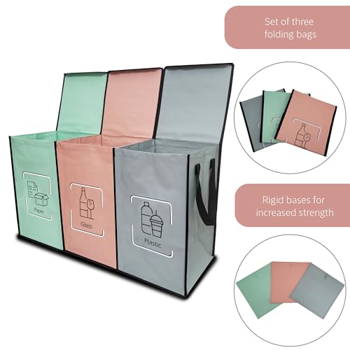 NYIKA - Recycling Organizer - Reusable Recycling Bags - Recycling Sorter - Trash Sorting Bins - 3 Compartment Recycle - Pack of 3 Bags with Lid