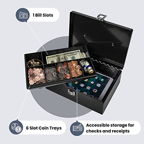 Flexzion Cash Box with Money Tray, Latch Lock, 11 x 7.7 x 3.5 Inch, Black - color: Black