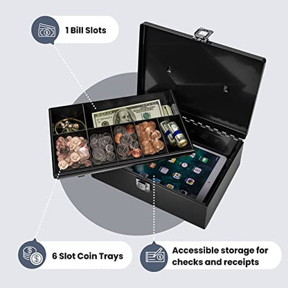 Flexzion Cash Box with Money Tray, Latch Lock, 11 x 7.7 x 3.5 Inch, Black - color: Black