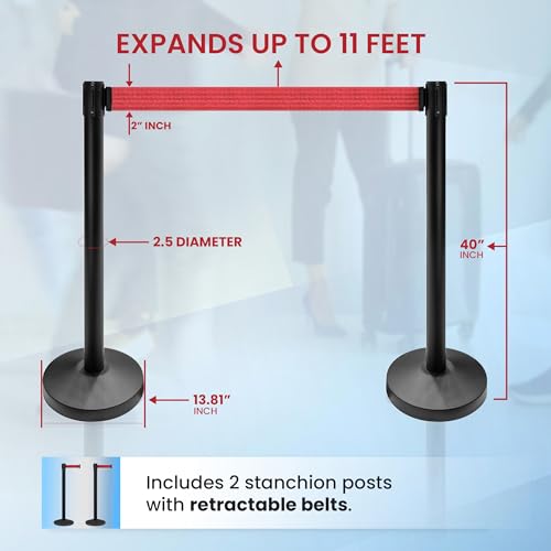 Crowd Control Warehouse 2-Pack Retractable Belt Barriers, 11 Ft Red - color: Red Belt with Black Post