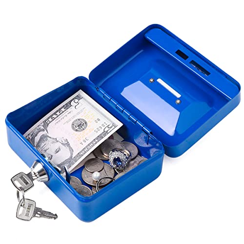 Decaller Mini Cash Box with Lock and Slot, Metal Coin Bank Piggy Bank for Adults & Kids, 4.9" x 3.7" x 2.3", Blue - color: Blue, size: X Small (4.9 Inch)