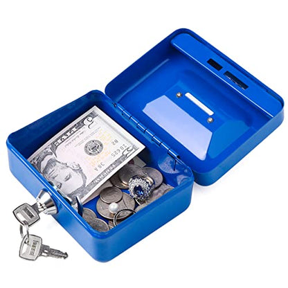 Decaller Mini Cash Box with Lock and Slot, Metal Coin Bank Piggy Bank for Adults & Kids, 4.9" x 3.7" x 2.3", Blue - color: Blue, size: X Small (4.9 Inch)