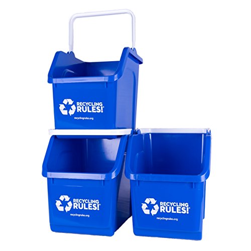 Recycling Rules! 6 Gallon Stackable Recycling Bin Container in Blue, Eco-Friendly Handy Recycle Bin with Easy-to-Carry Handle, 3-Pack - size: 3-pack