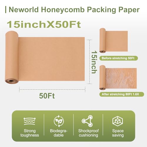 Neworld Honeycomb Packing Paper,Eco Friendly Bubble Cushioning Wrap for Moving,Products & Gifts Wrapping Paper,Recyclable Cushioning Packing Material (15" x 50') With 20 Fragile Sticker Labels