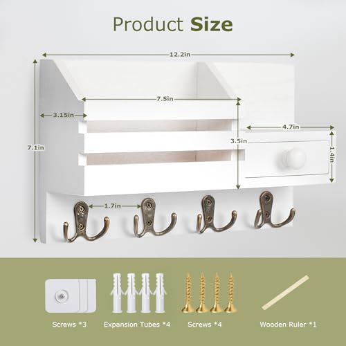 Key Holder Wall Mount, Wooden Key and Mail Organizer, White - color: White