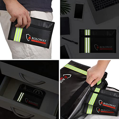 ROLOWAY Small Fireproof Bag (5 x 8 inches) with Reflective Strip, Fireproof Money Bag for Cash, Valuables, Passport, Currency & Keys (2-Pack Black) - size: 8 x 5 inch, style: Black With Reflective Strip