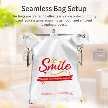100 Pack White Smile Plastic Bag - 11.5"x6.5"x21" T-Shirt Grocery Bags with Handles, Cheerful Alternative to Thank You Bags, Bulk for Retail, Supermarkets & Small Business