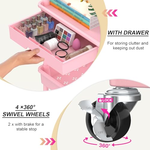 Goovilla 3 Tier Rolling Utility Cart Organizer with Removable Drawer, Pink - size: 3 Tier, style: Pink