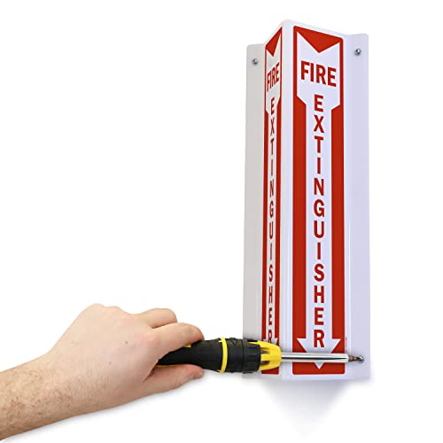 SmartSign "Fire Extinguisher" Two-Sided V-Shaped Projecting Sign with Down Arrow, 18 x 4 inch, 120 mil Polished Acrylic, Red/White, Made in USA - color: #3. White Acrylic