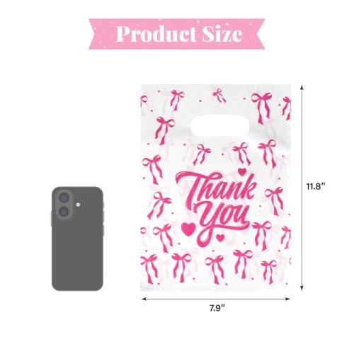 Pink Bow Thank You Bags Plastic with Handle for Small Business, 5.9x7.8 - color: Pink Bow Thank You, size: 7.8x11.8 Inch (Pack of 100)