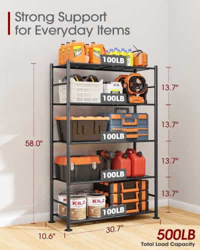 Sakugi 5-Tier Garage Shelving Unit - Heavy-Duty Metal Storage Shelves, Anti-Tip with Leveling Feet, Stable Storage for Kitchen, Pantry and Living Room Organization (Black, 30.7" x 10.6" x 58")