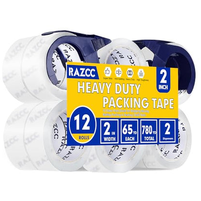 RAZCC Clear Packing Tape, 12 Rolls Heavy Duty Packaging Tape with Dispensers for Packing Shipping Moving and Sealing, Thicker Packing Tape-2" x 65 Yards Per Roll, 780 Total Yards - size: 2"-12 Rolls