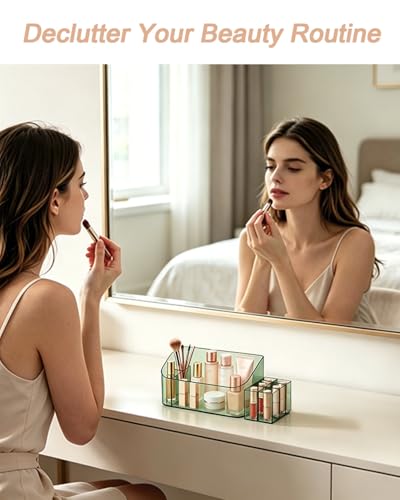 Makeup Tray Holder Organizer Cosmetic Display Case Tabletop Desktop Vanity Countertop Bathroom Wall Cabinet Medicine Storage Box 9 Dividers 2 Removable Women Ladies Girls Gifts Crystal Green 1 PACK - color: Crystal Green