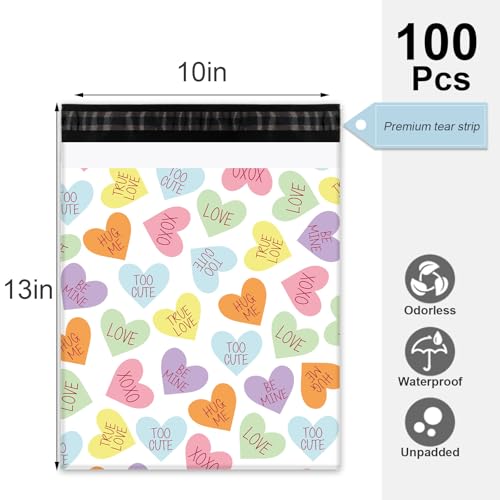 Whaline 100Pcs Valentine's Day Poly Mailer 10 x 13 In Colorful Conversation Heart Mailing Bag Pastel Self-Sealing Plastic Packaging Envelope Bag For Small Business - style: Pastel Conversation Heart