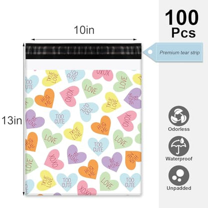 Whaline 100Pcs Valentine's Day Poly Mailer 10 x 13 In Colorful Conversation Heart Mailing Bag Pastel Self-Sealing Plastic Packaging Envelope Bag For Small Business - style: Pastel Conversation Heart
