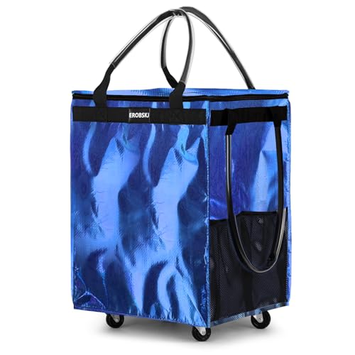Medium Blue Reusable Grocery Bag on Wheels, Foldable Rolling Tote Bag, - color: Sky Blue, size: Medium