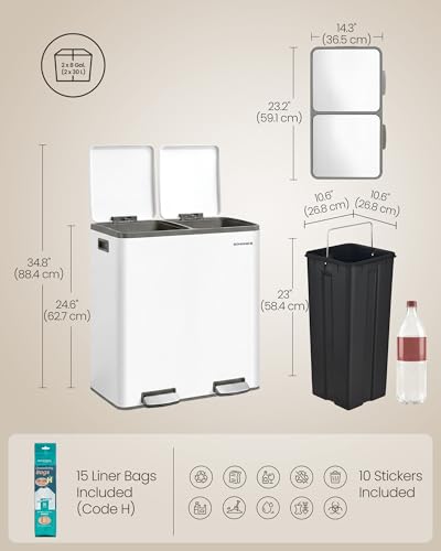 SONGMICS Trash Can, 2 x 8 Gallon (2 x 30 L) Double Compartment - color: White, size: 2 x 8 Gal.