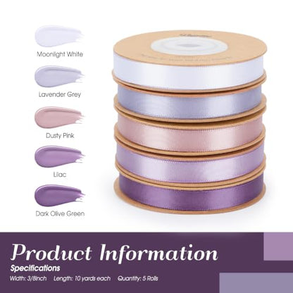 Keypan Purple Satin Ribbon Set 3/8" x 50 Yards, 5 Rolls - color: Violet, size: 3/8" x 50 Yards