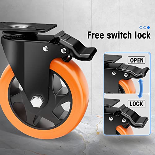 5" Swivel Plate Casters, 1400Lbs Capacity with Brake - color: Orange, size: 5 Inch